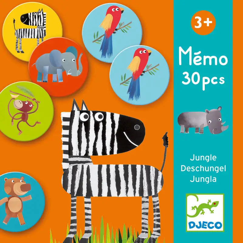 Colorful children’s memory game featuring jungle animal illustrations on circular cards.
