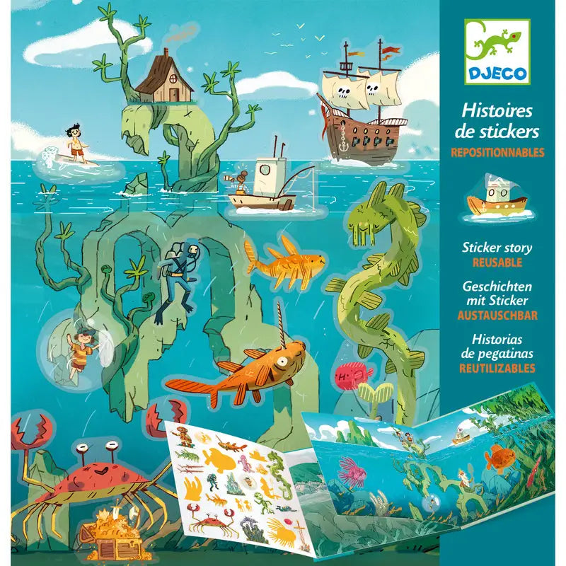 Whimsical underwater scene with islands, sea creatures, and a pirate ship for a children’s sticker story activity.