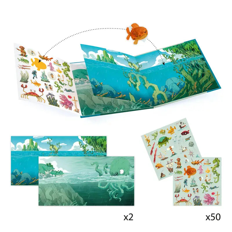 Educational ocean-themed sticker and scene set for children.