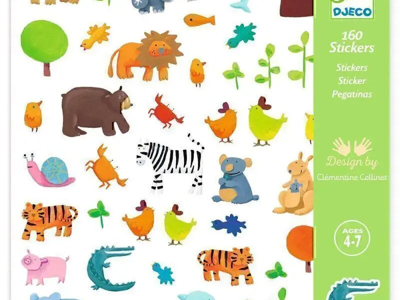 Collection of colorful cartoon animal stickers for children.