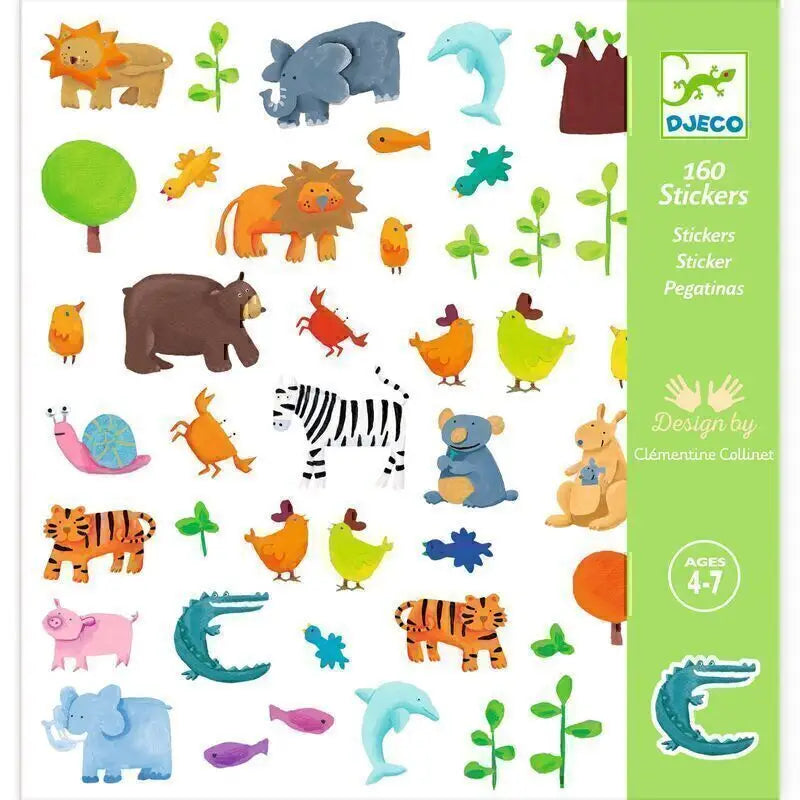 Collection of colorful cartoon animal stickers for children.