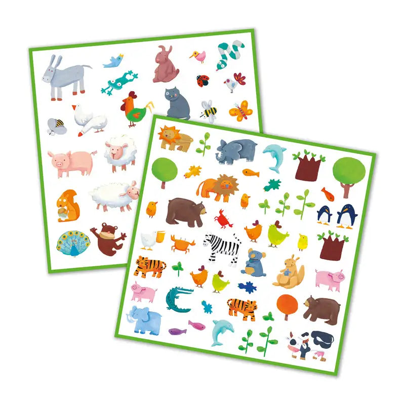 Set of colorful animal and nature stickers on two sheets.