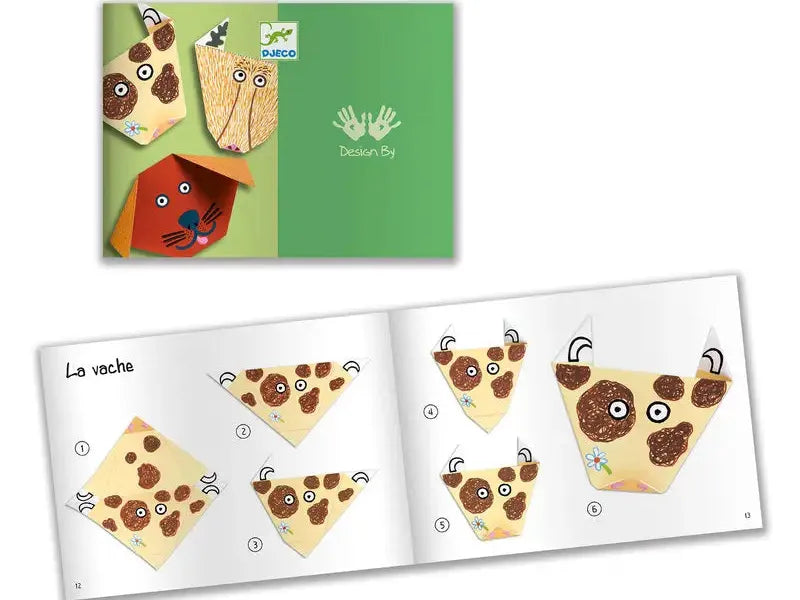 Children’s craft instruction book showing how to create animal faces using paper shapes.