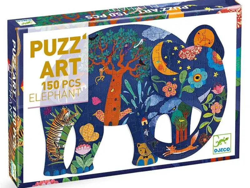 Colorful elephant-shaped jigsaw puzzle box featuring intricate floral and nature designs.
