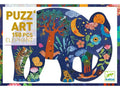 Colorful puzzle depicting an elephant filled with whimsical nature scenes and animals.