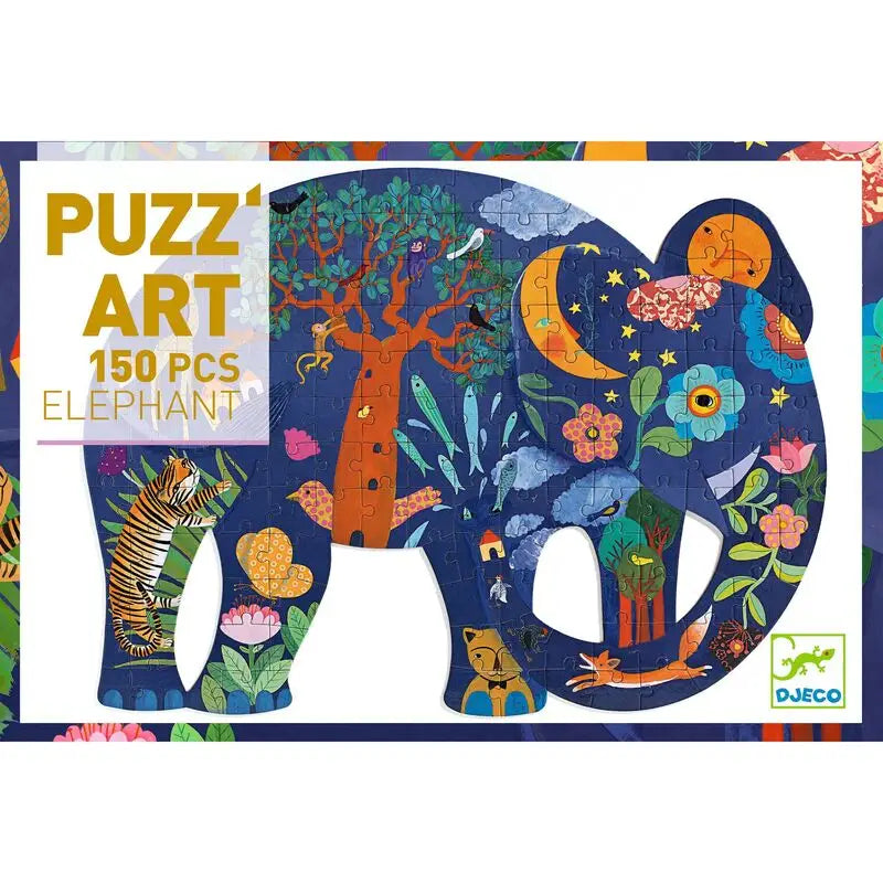 Colorful puzzle depicting an elephant filled with whimsical nature scenes and animals.