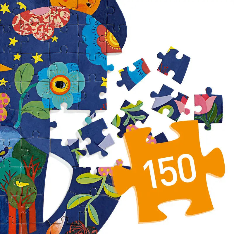 Colorful, partially assembled jigsaw puzzle depicting a stylized elephant with floral and celestial motifs.