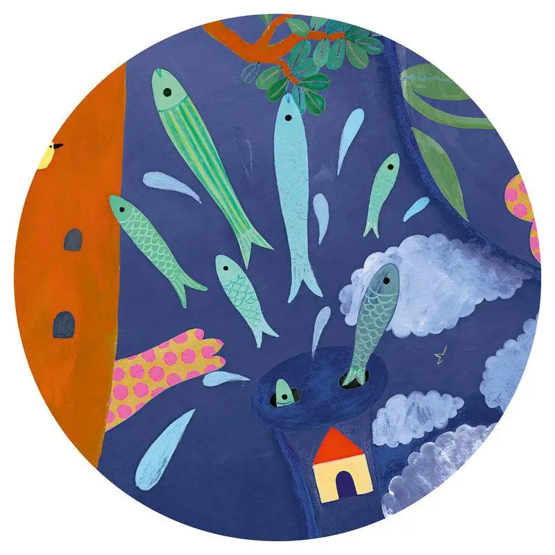 Circular illustration featuring stylized fish, plants, and abstract shapes in vibrant colors.