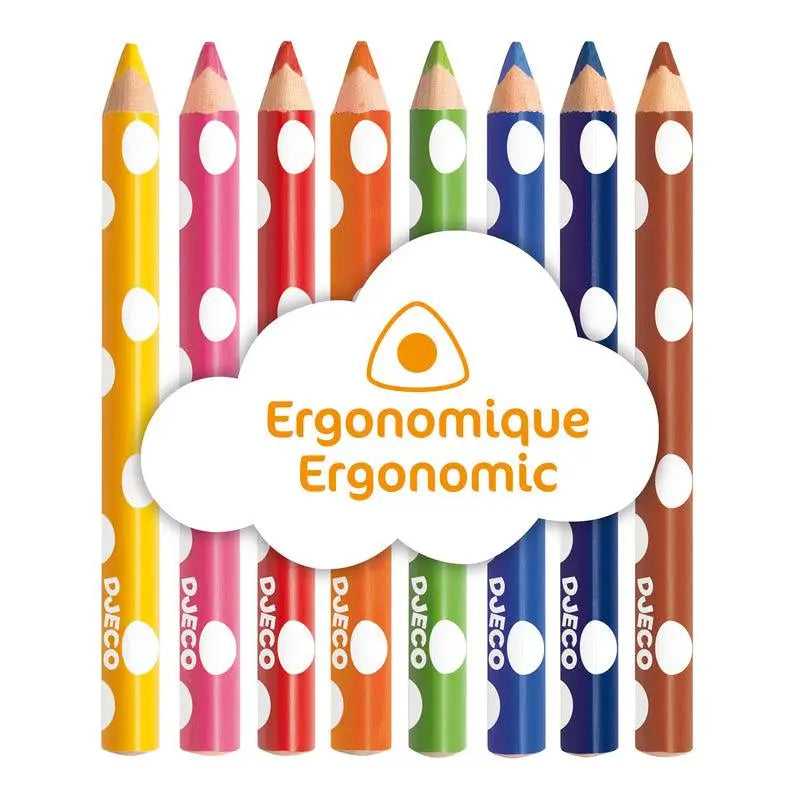 Colorful set of ergonomic pencils with white polka dots behind a cloud-shaped logo.