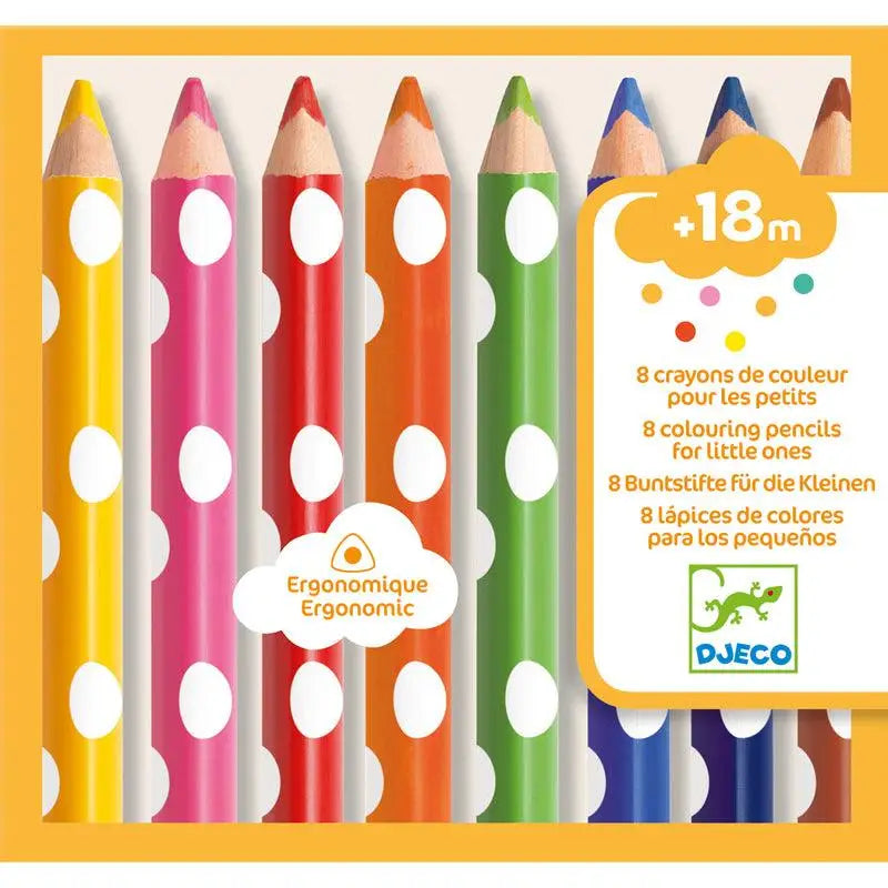 Set of colorful ergonomic pencils for young children with polka dot patterns on their barrels.