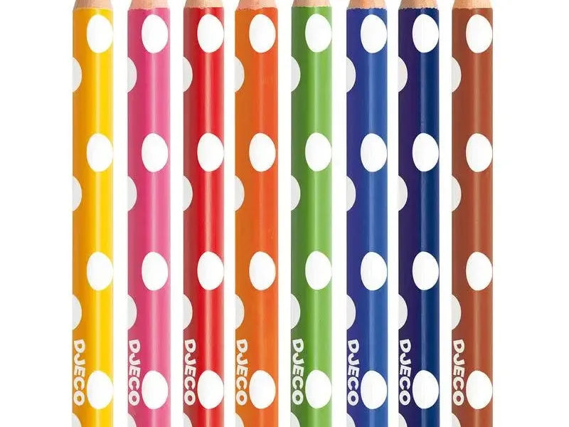 Colorful polka-dotted pencils arranged in a row.
