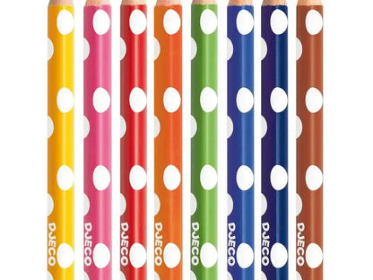 Colorful polka-dotted pencils arranged in a row.
