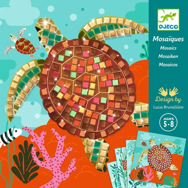 Mosaic sea turtle composed of colorful square tiles.