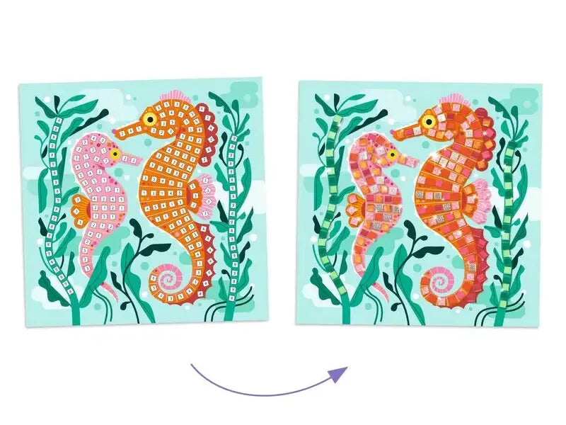 Two colorful seahorses surrounded by seaweed.