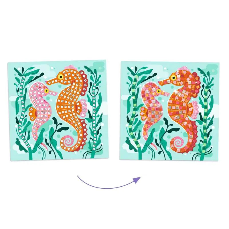 Two colorful seahorses surrounded by seaweed.