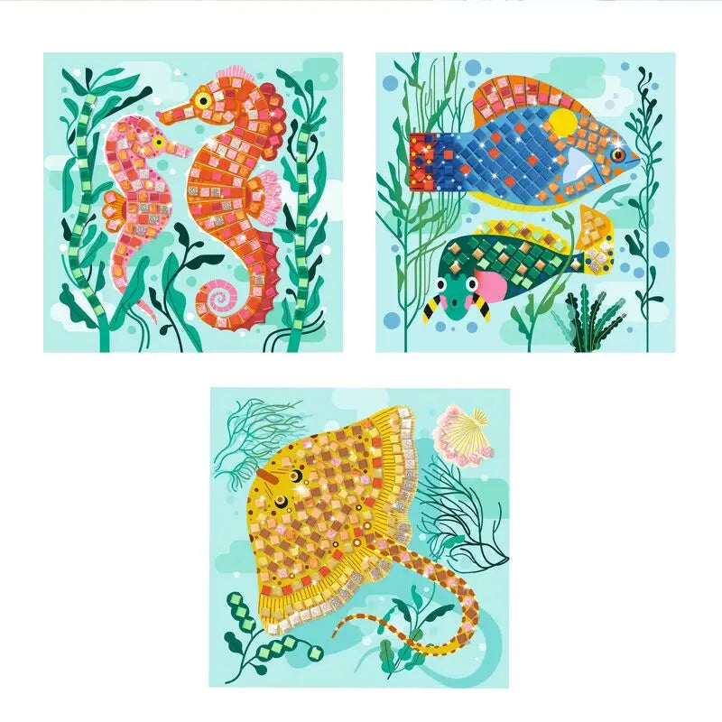 Three colorful sea creatures: a seahorse, a fish, and a stingray, depicted in a whimsical, mosaic-like style.