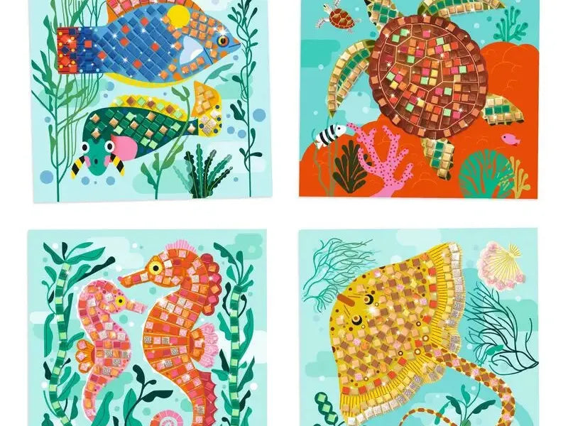 Colorful mosaic-style illustrations of sea creatures including a fish, turtle, seahorse, and stingray.