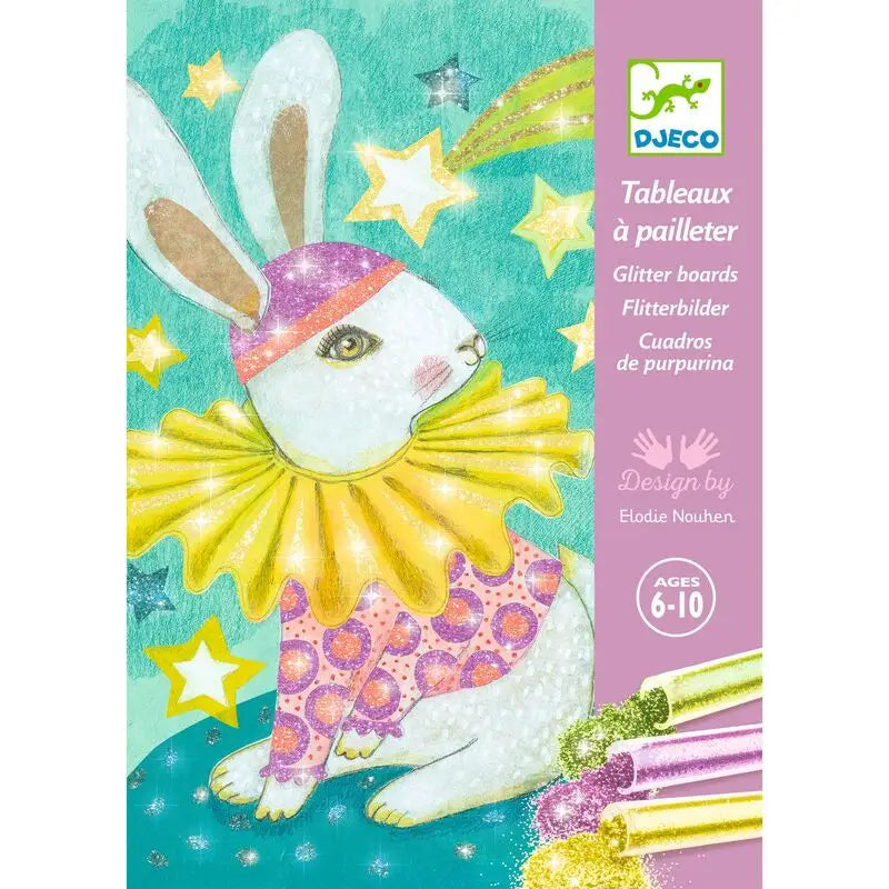 Whimsical rabbit wearing a yellow collar and colorful outfit, surrounded by stars.