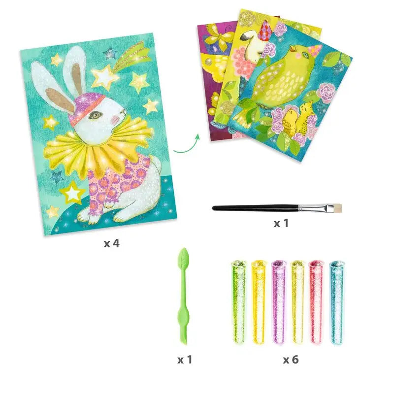 Colorful art kit featuring animal-themed cards, a paintbrush, and glitter pens.