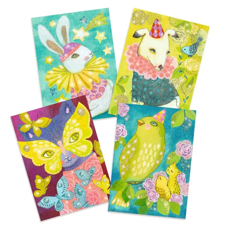 Set of four colorful illustrated animal-themed greeting cards or postcards.