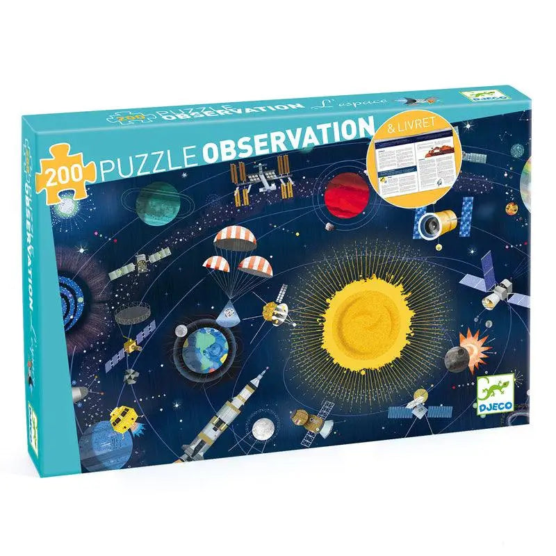 Puzzle box featuring a colorful space-themed observation design with 200 pieces.