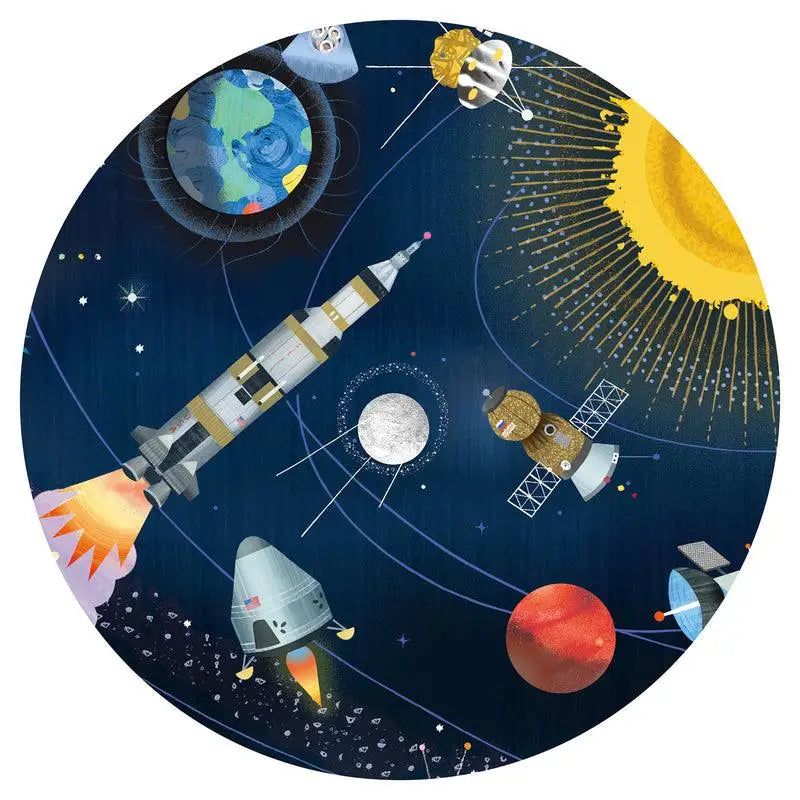 Circular illustration depicting various elements of space exploration and the solar system.