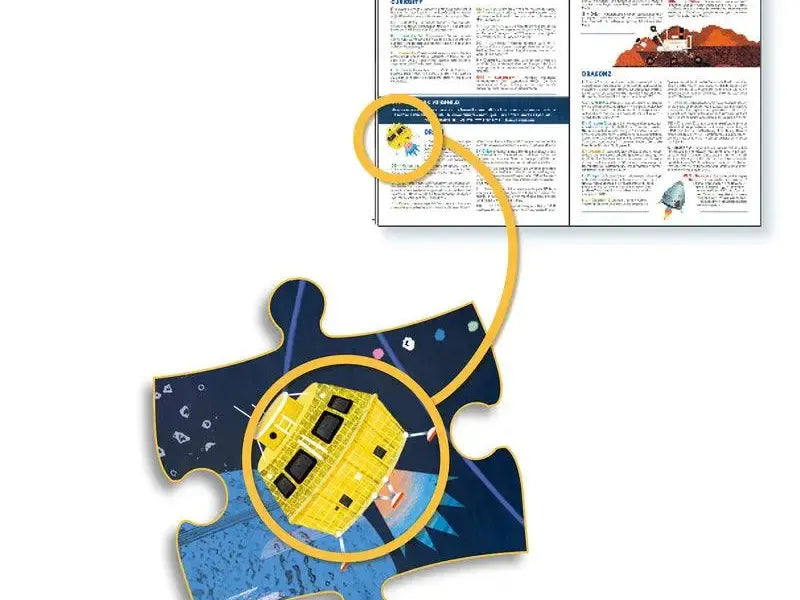 Puzzle piece with a yellow circular design connected to a document by a curved line.