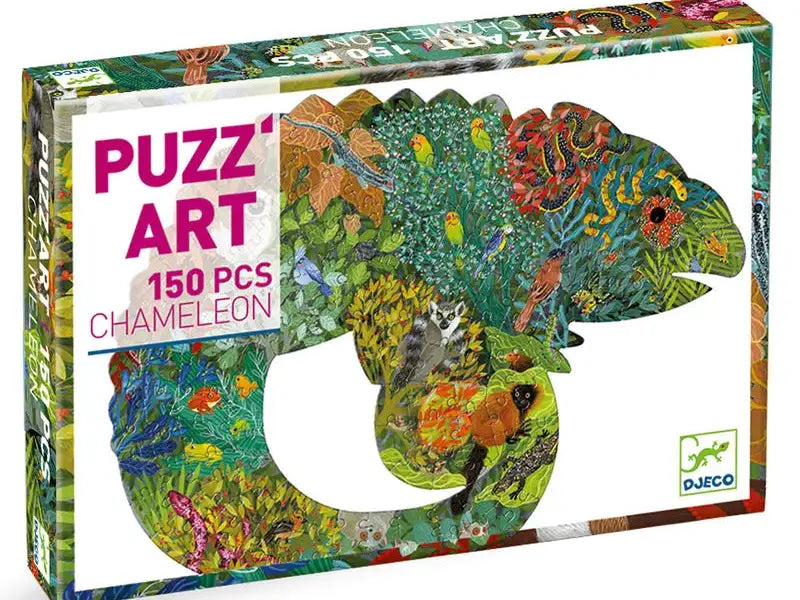 Colorful puzzle box featuring an intricately patterned chameleon shape.