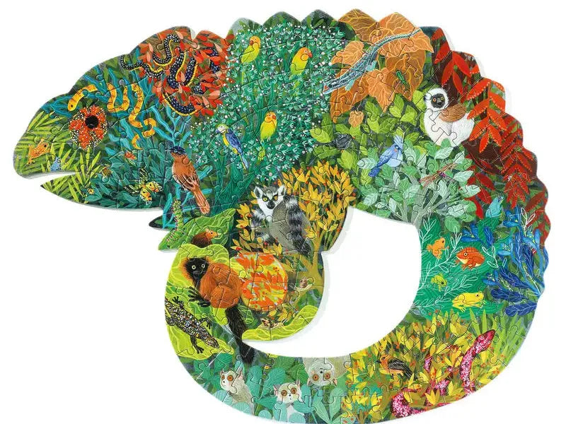 Colorful, intricately patterned chameleon-shaped jigsaw puzzle filled with diverse flora and fauna imagery.