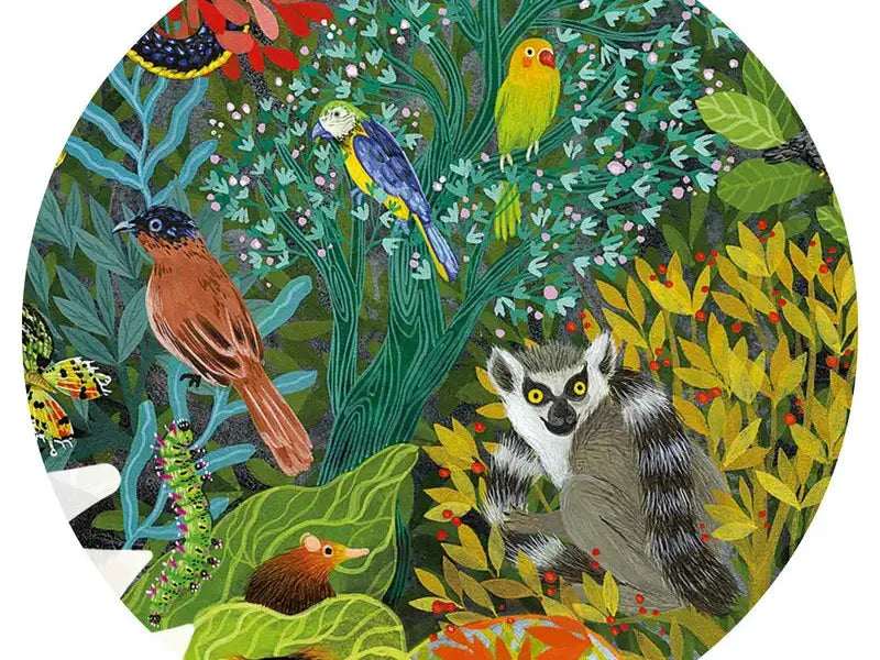 Colorful circular illustration depicting a vibrant jungle scene with various animals and plants.
