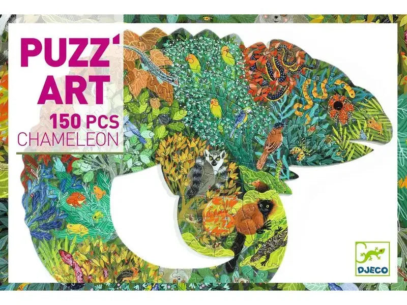 Colorful, intricately patterned puzzle in the shape of a chameleon.