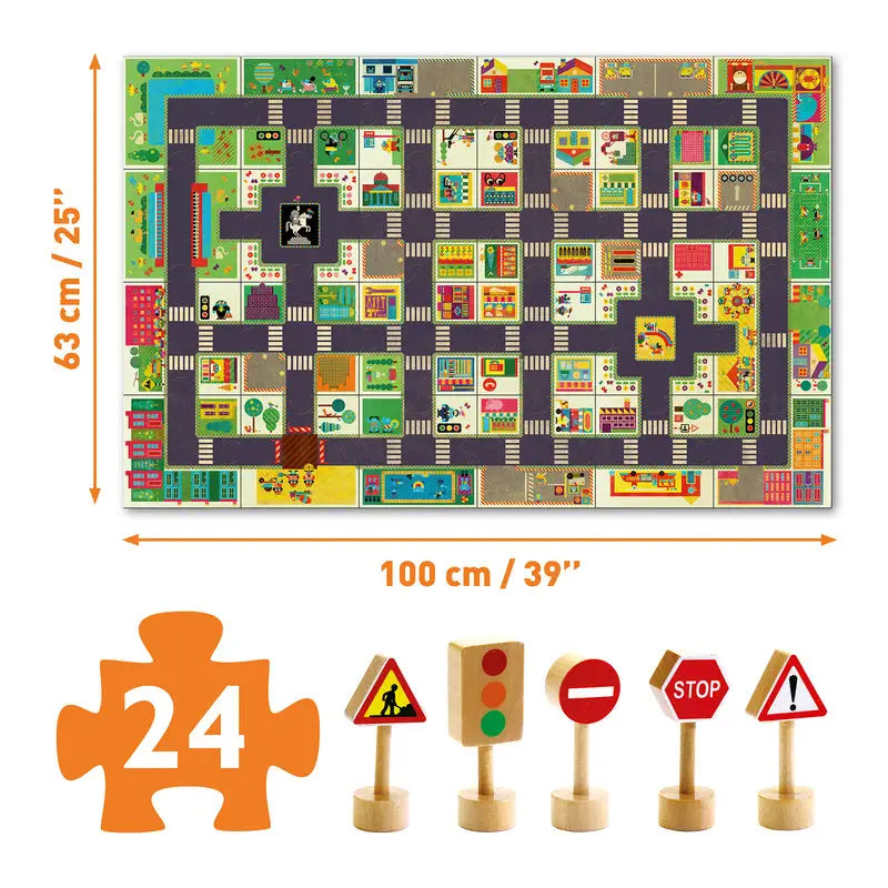 Colorful city map playmat with roads, buildings, and various urban elements.