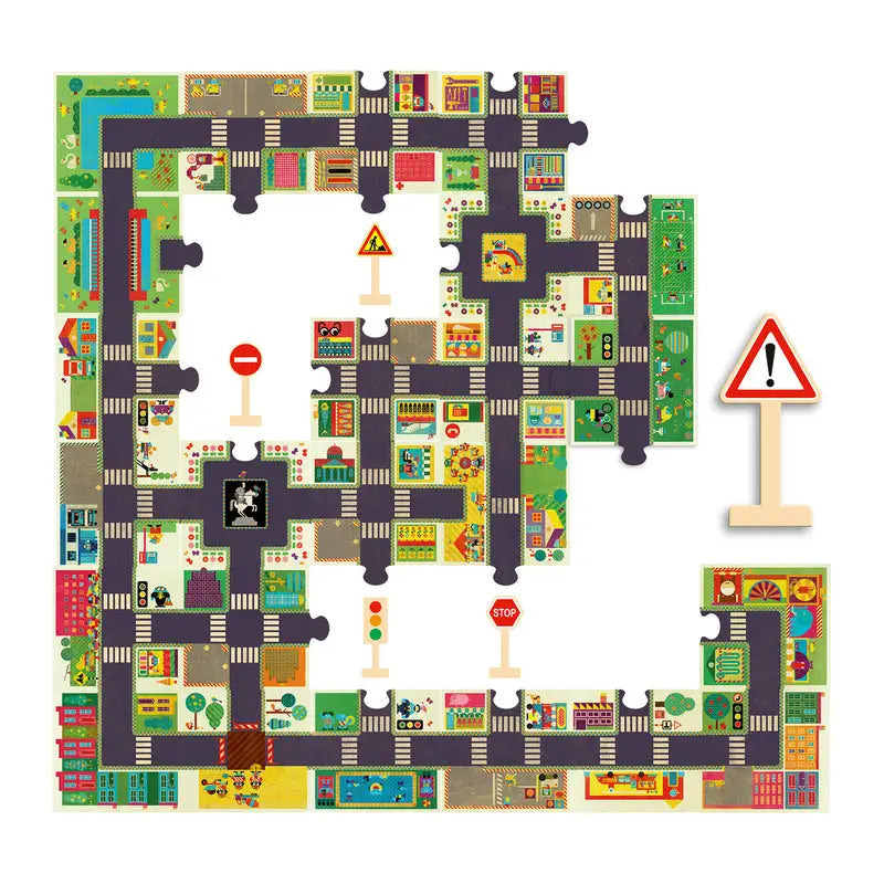 Puzzle-like road map with intersections, buildings, and traffic signs.