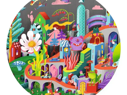 Colorful, whimsical cityscape filled with fantastical buildings and creatures in a circular composition.