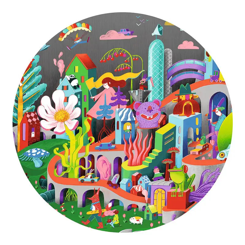 Colorful, whimsical cityscape filled with fantastical buildings and creatures in a circular composition.