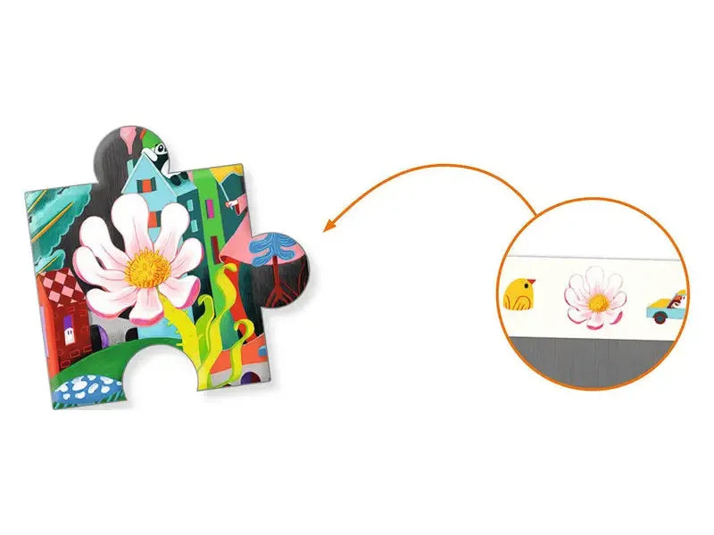Colorful puzzle piece with a floral design and magnified detail view.