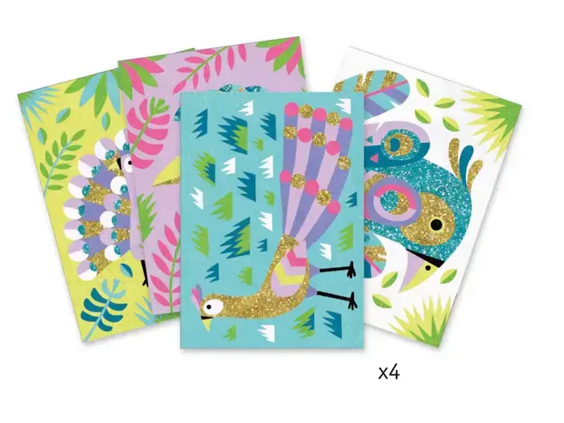Colorful set of illustrated animal-themed cards or prints featuring tropical and forest creatures.