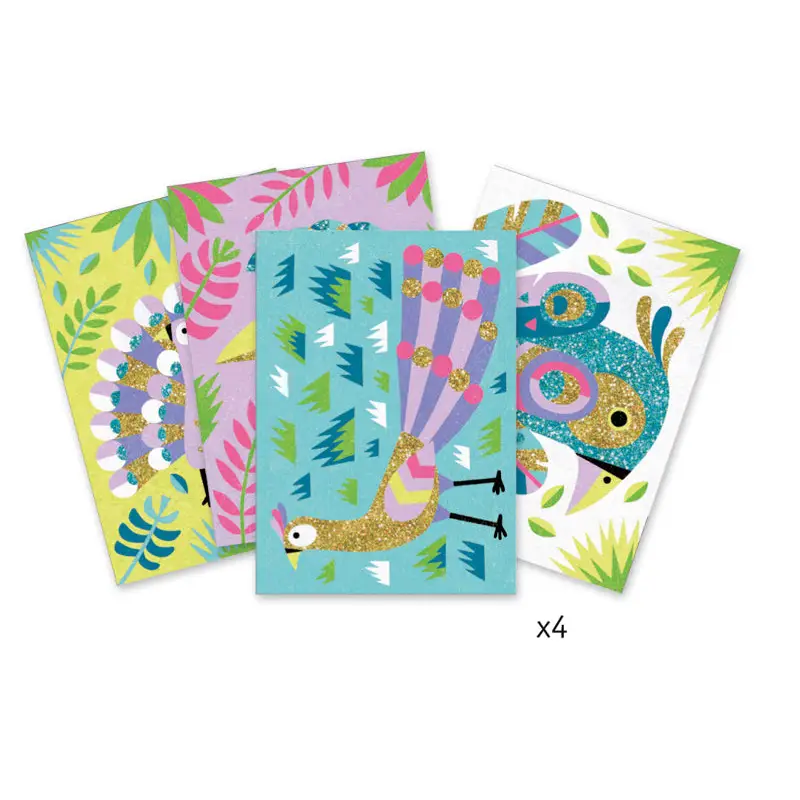 Colorful set of illustrated animal-themed cards or prints featuring tropical and forest creatures.