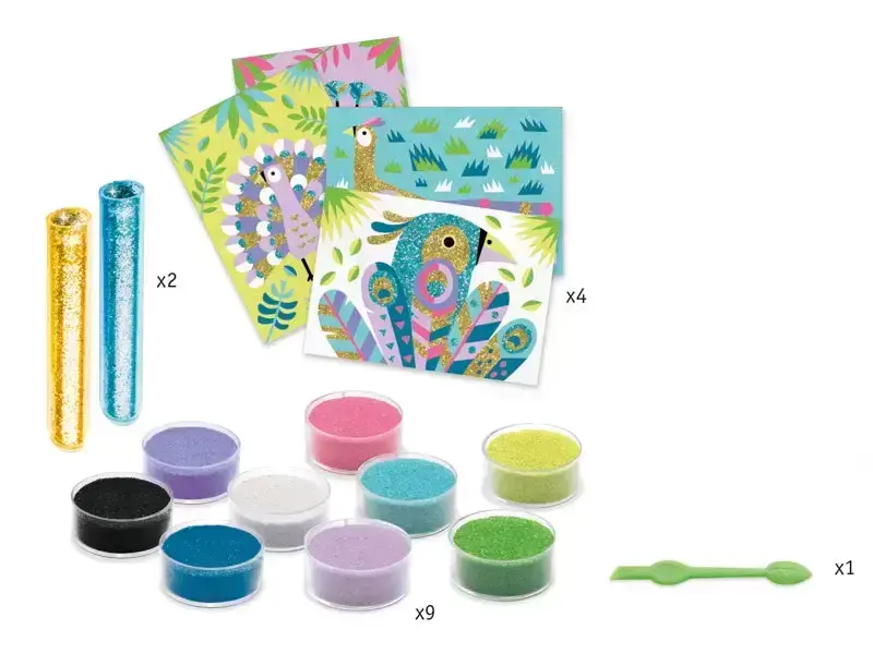 Colorful sand art kit with patterned cards, sand containers, and tools.