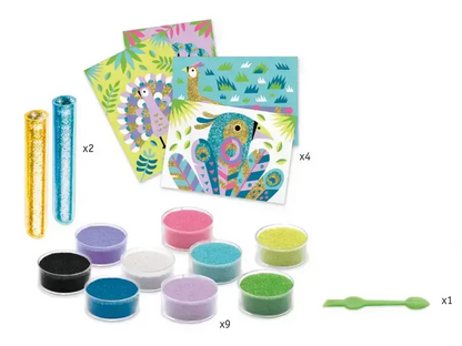 Colorful sand art kit with patterned cards, sand containers, and tools.