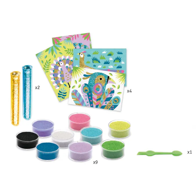 Colorful sand art kit with patterned cards, sand containers, and tools.