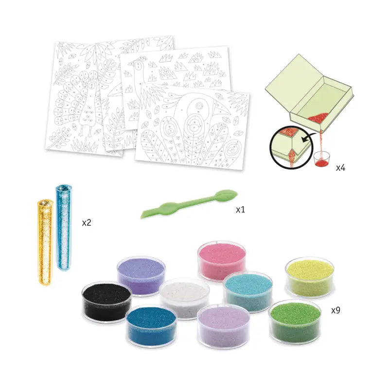 Paint-by-numbers kit with coloring sheets, paint pots, brushes, and a magnifying glass.