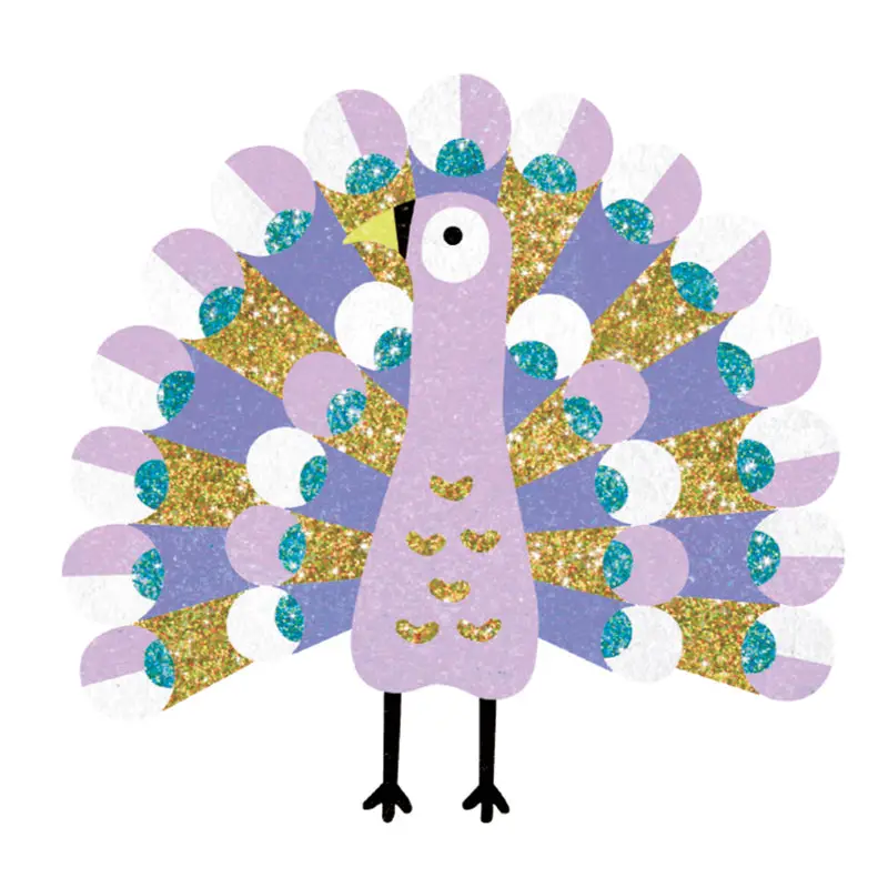 Stylized cartoon peacock with purple body and colorful glittery tail feathers.