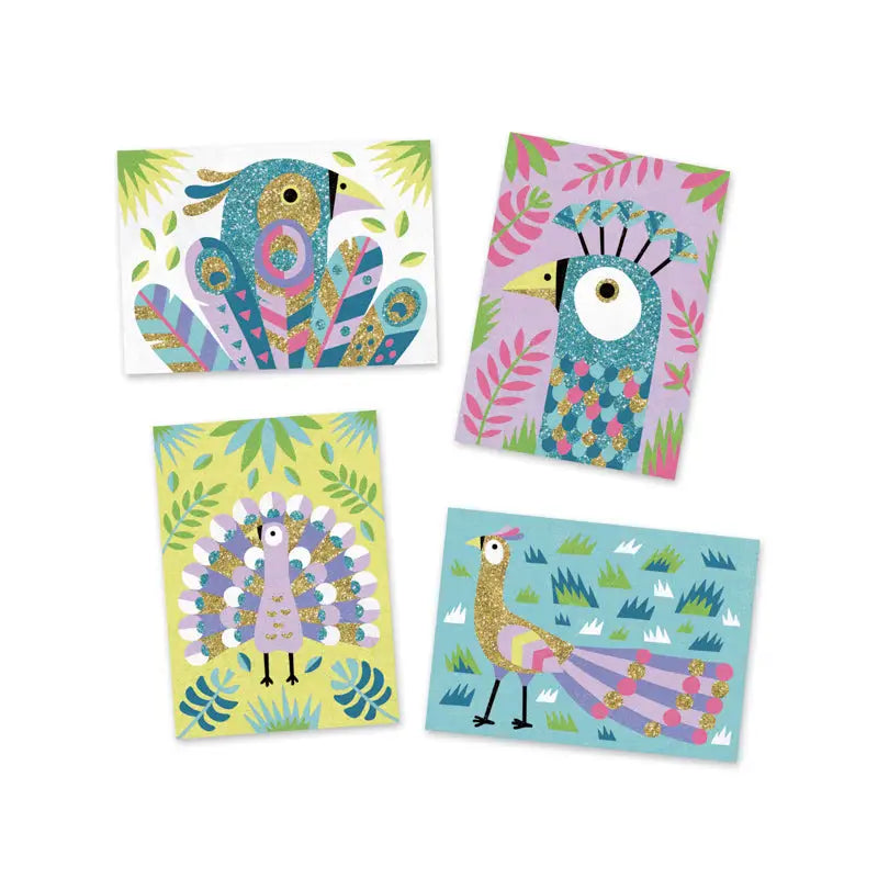 Set of four colorful, whimsical bird-themed art cards featuring stylized illustrations of different birds with decorative patterns and floral elements.