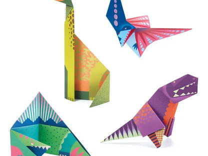 Colorful origami-style paper animals including a giraffe, butterfly, dinosaur, and geometric shape.
