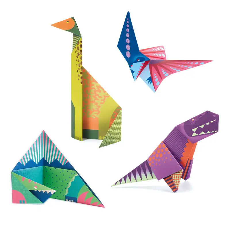 Colorful origami-style paper animals including a giraffe, butterfly, dinosaur, and geometric shape.