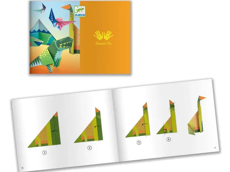 Origami instruction book showing steps to fold a dinosaur figure.