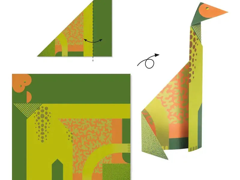 Stylized geometric giraffe composed of colorful shapes and patterns.