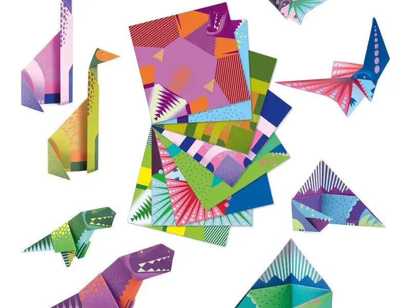 Colorful origami animals and geometric shapes made from patterned paper.