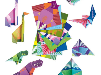 Colorful origami animals and geometric shapes made from patterned paper.